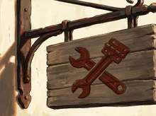 Illustrated hanging wooden shop shingle on a forged iron bracket, close enough that the wood grain and hardware dominate the frame, with a wrench-and-hinge symbol painted on the board's face