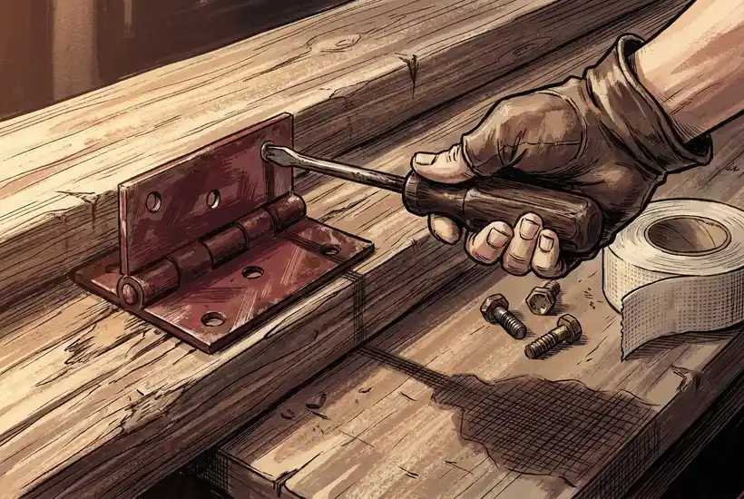 Illustrated close-up of a hand, cropped at the wrist with no face in frame, tightening a hinge screw with a screwdriver